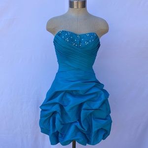 Formal strapless blue rhinestone dress
